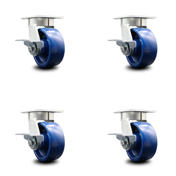 5 Inch Kingpinless Solid Poly Wheel Swivel Caster Set with Brakes